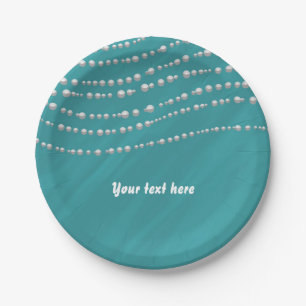 Turquoise Blue & Pearls Elegant Bridal Shower Paper Plate