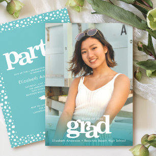 Turquoise blue photo bold modern simple grad party invitation
