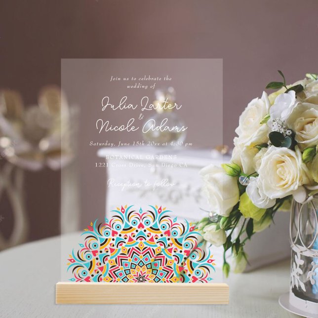  Turquoise Blue Pink Abstract Mandala Wedding Acrylic Invitations (Creator Uploaded)