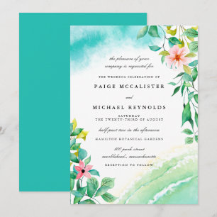 Turquoise Blue Pink Floral Botanical Wedding Invitation