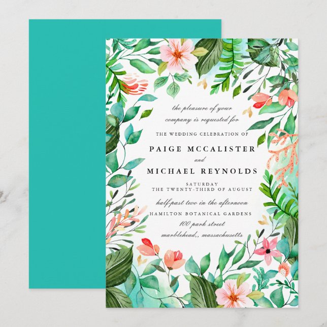Turquoise Blue Pink Floral Botanical Wedding Invitation (Front/Back)