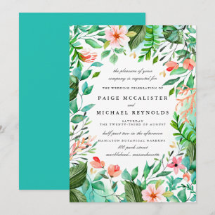 Turquoise Blue Pink Floral Botanical Wedding Invitation