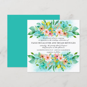 Turquoise Blue Pink Floral Botanical Wedding Invitation