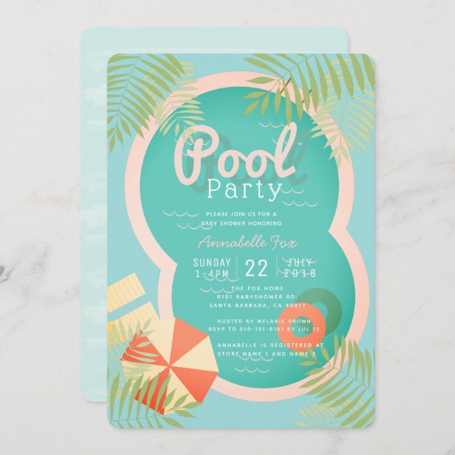 Turquoise Blue Pool Party Baby Shower Invitation (Front/Back)