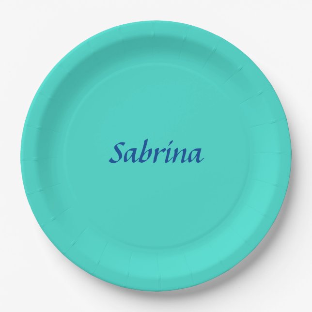 Turquoise Blue Professional Modern Elegant Name Paper Plate (Front)