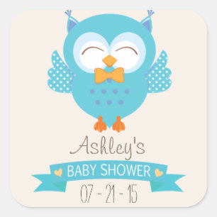 Turquoise Blue & Purple Boy Owl Baby Shower Square Sticker