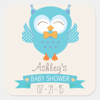 Turquoise Blue & Purple Boy Owl Baby Shower Square Sticker