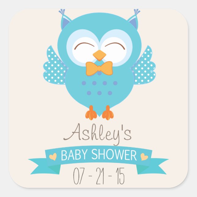Turquoise Blue & Purple Boy Owl Baby Shower Square Sticker (Front)