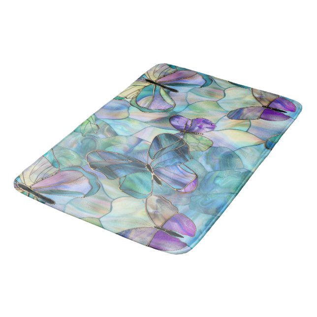 Turquoise Blue Purple Butterflies Bath Mat (Angled)