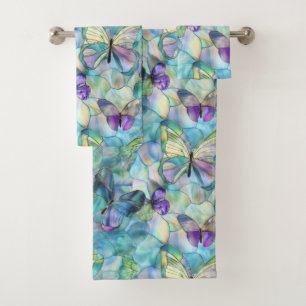 Turquoise Blue Purple Butterflies Bath Towel Set