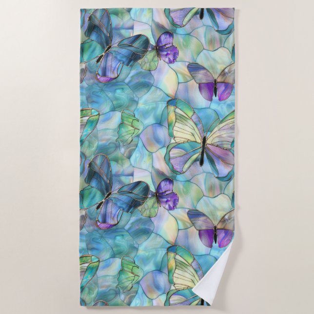 Turquoise Blue Purple Butterflies Beach Towel (Front)