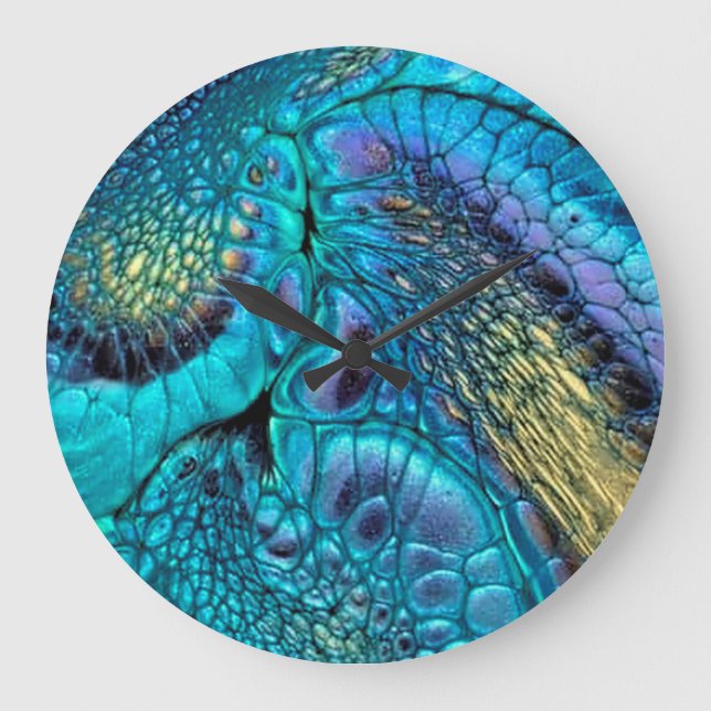Turquoise blue purple gold Dragon skin Abstract Large Clock (Front)