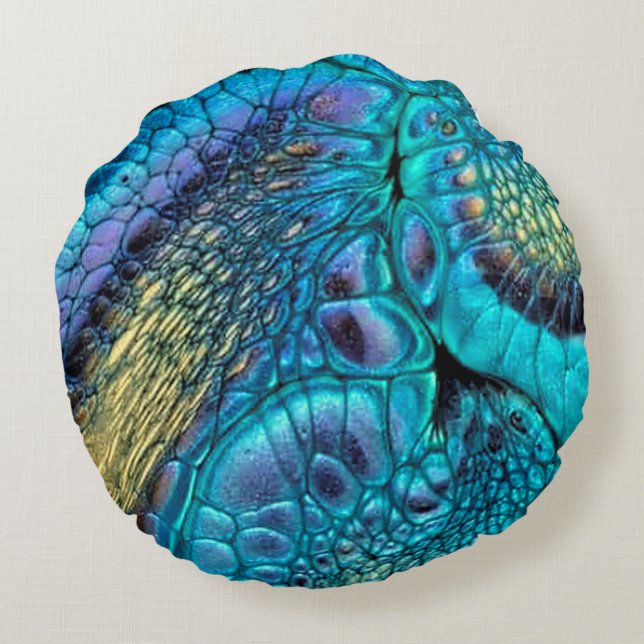 Turquoise blue purple gold Dragon skin Abstract Round Cushion (Back)