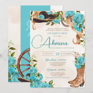 Turquoise Blue Quinceañera Charra Western Rose Invitation