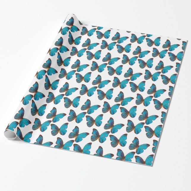 Turquoise Blue Rainforest Butteflies Pattern Wrapping Paper (Unrolled)