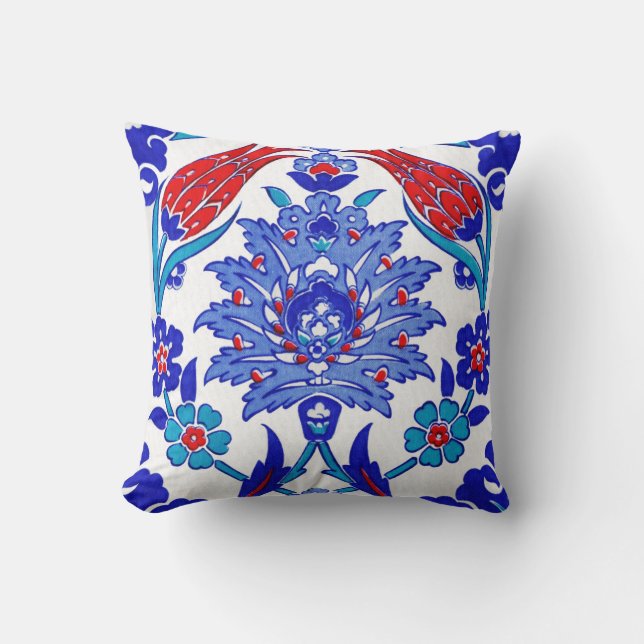 Turquoise Blue Red Ancient Turkish Floral Tile Cushion (Front)