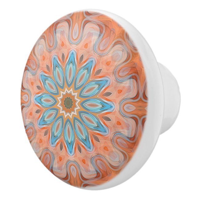 Turquoise Blue Red Orange Mandala Round Sun Ceramic Knob (Right)