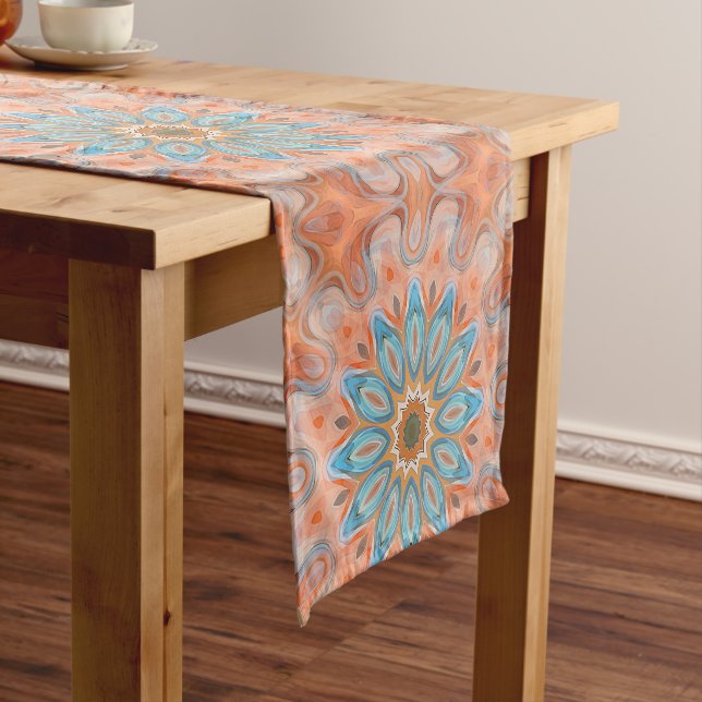 Turquoise Blue Red Orange Mandala Round Sun Short Table Runner (In Situ)