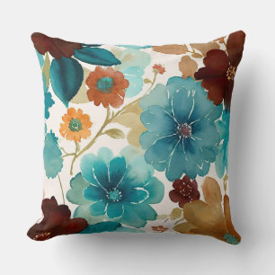 Turquoise blue, Red, Rust and Bronze Floral Cushion