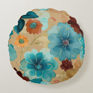 Turquoise blue, Red, Rust and Bronze Floral Round Cushion