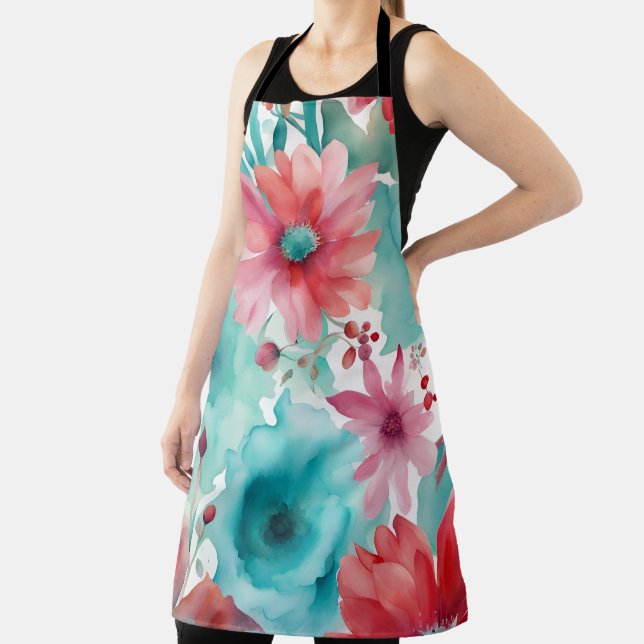 Turquoise blue Red Watercolor Spring Flowers   Apron (Insitu)