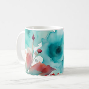 Turquoise blue Red Watercolor Spring Flowers Coffee Mug