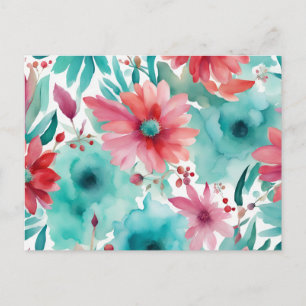Turquoise blue Red Watercolor Spring Flowers Postcard