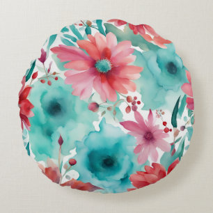 Turquoise blue Red Watercolor Spring Flowers Round Cushion