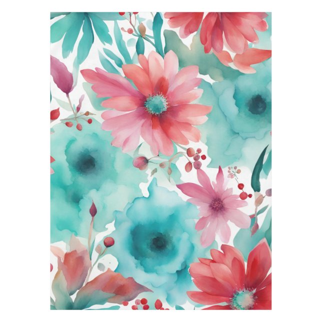 Turquoise blue Red Watercolor Spring Flowers   Tablecloth (Front)