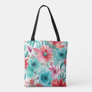 Turquoise blue Red Watercolor Spring Flowers Tote Bag
