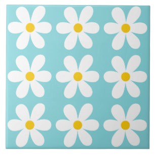Turquoise blue Retro Daisy Floral Pattern Tile