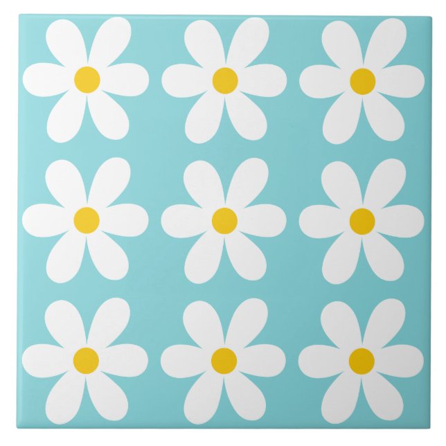 Turquoise blue Retro Daisy Floral Pattern Tile (Front)