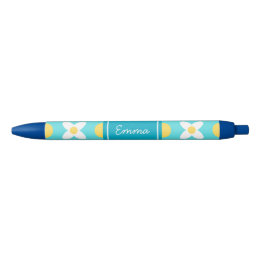 Turquoise Blue Retro Floral Pattern  Blue Ink Pen