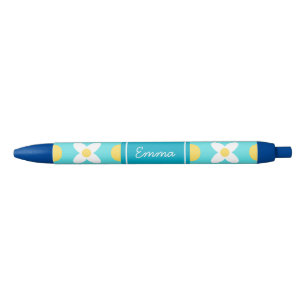 Turquoise Blue Retro Floral Pattern  Blue Ink Pen