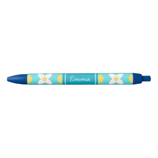 Turquoise Blue Retro Floral Pattern  Blue Ink Pen