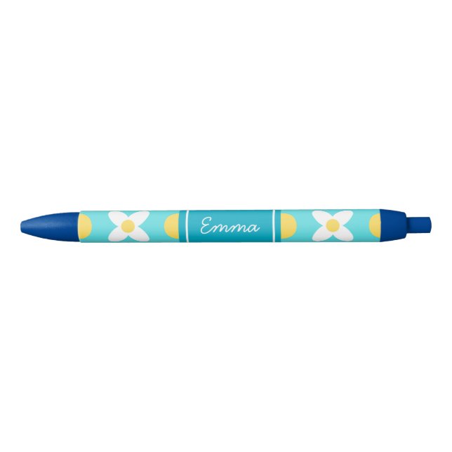 Turquoise Blue Retro Floral Pattern  Blue Ink Pen (Front)
