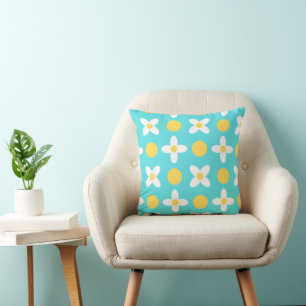 Turquoise Blue Retro Floral Pattern Cushion