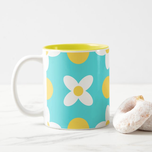 Turquoise Blue Retro Floral Pattern  Two-Tone Coffee Mug (With Donut)