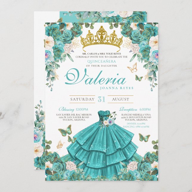 Turquoise Blue Rose Butterfly Princess Quinceanera Invitation (Front/Back)