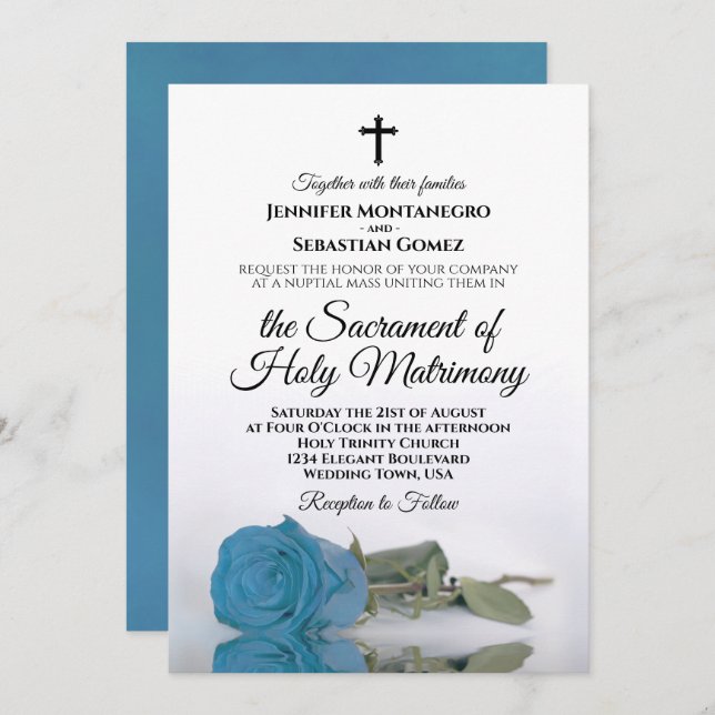 Turquoise Blue Rose Chic Modern Catholic Wedding Invitation (Front/Back)