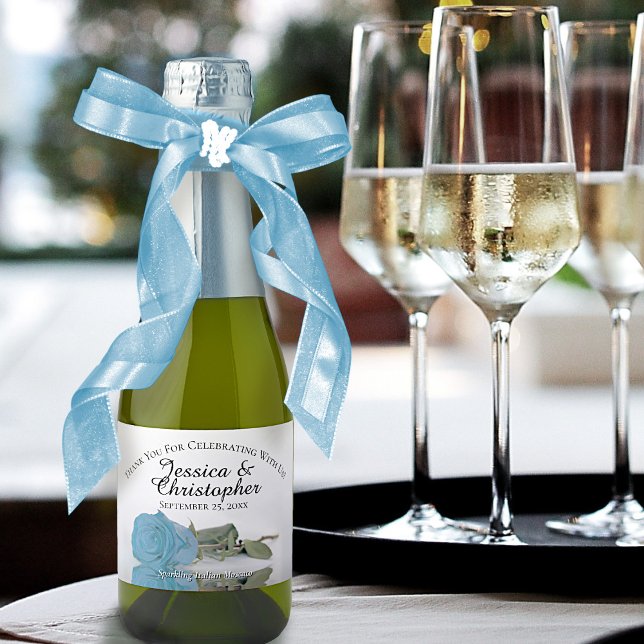 Turquoise Blue Rose Classy Wedding Thank You Mini Sparkling Wine Label (Creator Uploaded)
