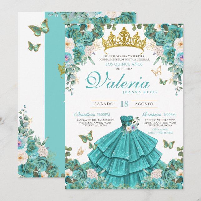 Turquoise Blue Rose Elegant Princess Quinceanera Invitation (Front/Back)