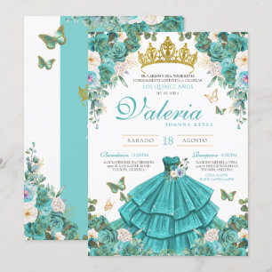 Turquoise Blue Rose Elegant Princess Quinceanera Invitation