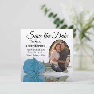 Turquoise Blue Rose on White Oval Photo Wedding Save The Date