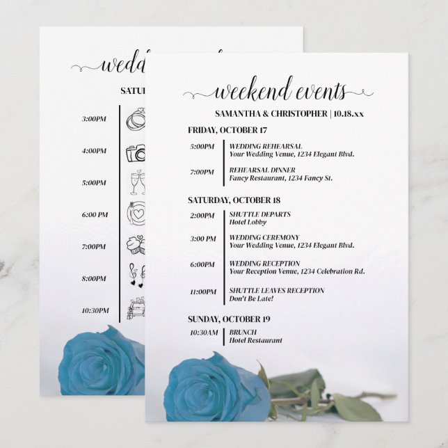 Turquoise Blue Rose Wedding Events & Timeline Programme (Front/Back)