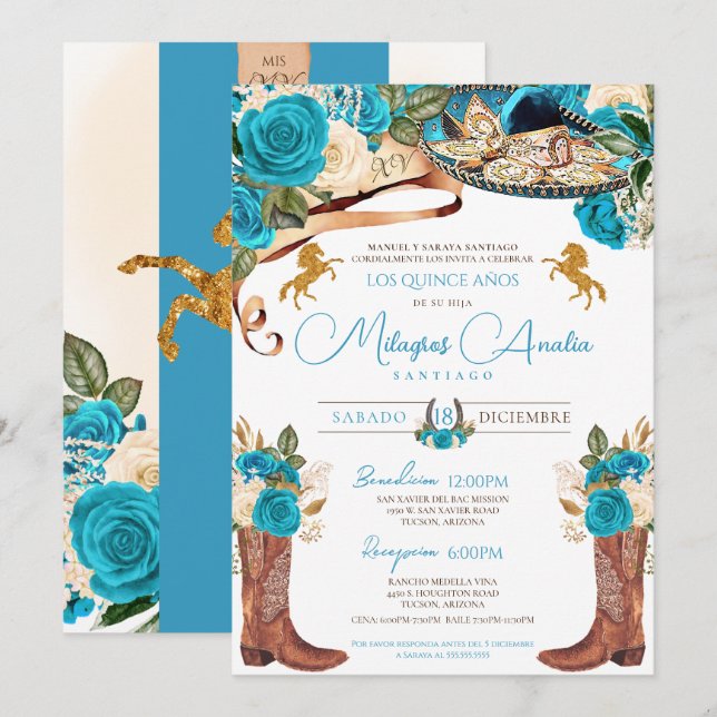 Turquoise Blue Roses Fancy Charro Quinceanera Invitation (Front/Back)