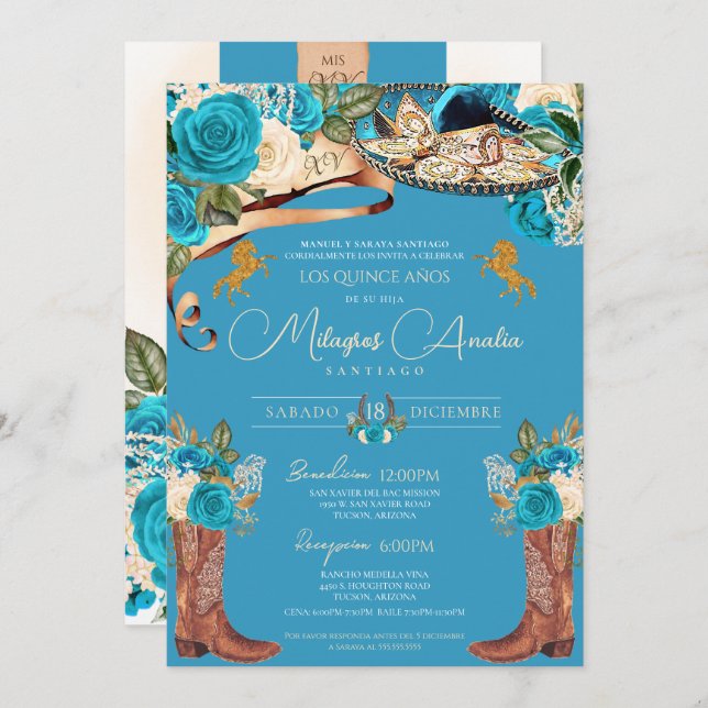 Turquoise Blue Roses Fancy Charro Quinceañera Invitation (Front/Back)