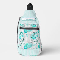 Turquoise Blue Roses, Grey Stripes and Monogram