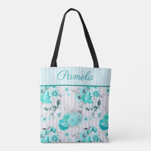 Turquoise Blue Roses, Grey Stripes and Monogram Tote Bag