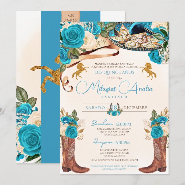 Turquoise Blue Roses Western Charro Quinceañera Invitation (Front/Back)